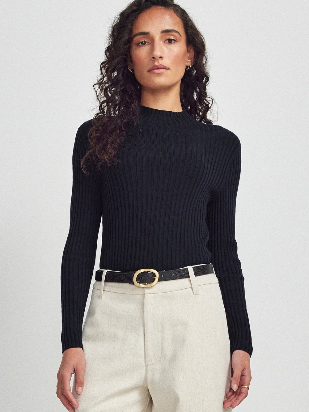 Untouched World Lucia Funnel Neck Ribbed Sweater in Black L Large 100% Wool